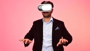 Arab Man experiencing virtual reality wearing virtual reality glasses photo