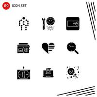 Group of 9 Solid Glyphs Signs and Symbols for heart music settings radio wireframe Editable Vector Design Elements