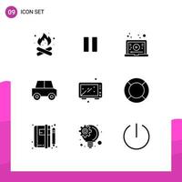 Editable Vector Line Pack of 9 Simple Solid Glyphs of baking travel vedio car video Editable Vector Design Elements