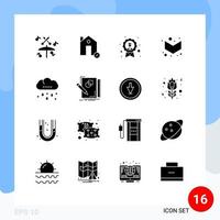 Mobile Interface Solid Glyph Set of 16 Pictograms of rain full achievement down medal Editable Vector Design Elements