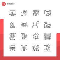 Pack of 16 Universal Outline Icons for Print Media on White Background Creative Black Icon vector background