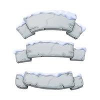 Stone ribbon in snow set. Broken cartoon rocks and snowdrifts. Cartoon crags and snowdrifts. Ice age. vector