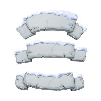 Stone ribbon in snow set. Broken cartoon rocks and snowdrifts. Cartoon crags and snowdrifts. Ice age.