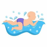 Small child learns to swim in pool. Infant swimming. vector