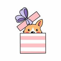 Cute corgi dog is sitting in gift box. Pet. Design element for postcards, icons, stickers. Vector doodle illustration. Birthday surprise.