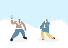 Couple people play snowballs fun game in winter snow landscape vector illustration. Cartoon friend characters playing outdoors, enjoying frost cold weather. Winter healthy activity concept