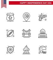 9 Line Signs for USA Independence Day building american ball gun sports ball Editable USA Day Vector Design Elements