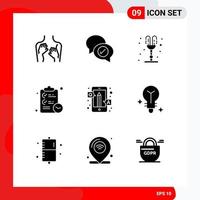 Group of 9 Modern Solid Glyphs Set for answers tasks chatting clipboard valentines day Editable Vector Design Elements