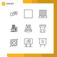 9 Universal Outline Signs Symbols of position empire building king office Editable Vector Design Elements