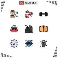 Filledline Flat Color Pack of 9 Universal Symbols of building transport gym ship car Editable Vector Design Elements