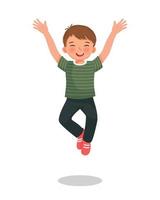 cute little boy get excited jumping with both hands raise up feeling happy vector