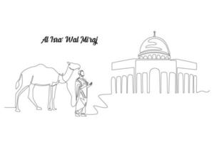 Continuous one line drawing Muslim with camel praying in front of al Aqsa mosque. Isra Miraj. Islamic events concept. Single line draw design vector graphic illustration.