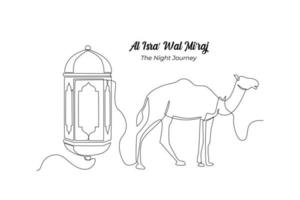 Continuous one line drawing lantern and camel. Isra Miraj Islamic events concept. Single line draw design vector graphic illustration.