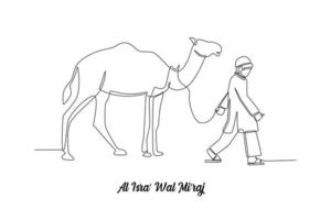 Continuous one line drawing young boy brings camel. Isra miraj. Islamic events concept. Single line draw design vector graphic illustration.