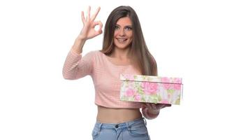 beautiful happy woman holding gift boxes photo