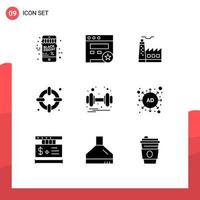 Pack of 9 Modern Solid Glyphs Signs and Symbols for Web Print Media such as health gym factory dumbbell life Editable Vector Design Elements