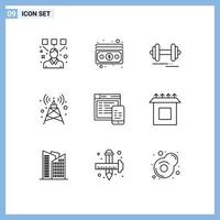 Universal Icon Symbols Group of 9 Modern Outlines of website responsive dumbbell tower antenna Editable Vector Design Elements