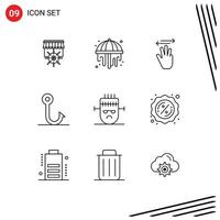 Pack of 9 Modern Outlines Signs and Symbols for Web Print Media such as halloween frankenstein hand cursor hook fish Editable Vector Design Elements