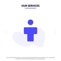 nuestros servicios avatar perfil de personas masculinas icono de glifo sólido plantilla de tarjeta web vector