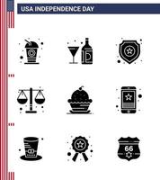 9 iconos creativos de estados unidos signos de independencia modernos y símbolos del 4 de julio de la ley de la torta signo de justicia de vidrio elementos de diseño vectorial del día de estados unidos editables vector