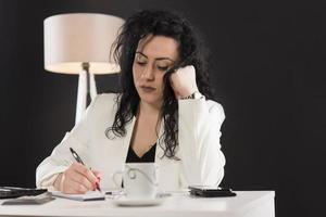 happy business woman trying to work in her office photo