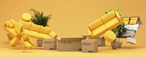 interior design concept Sale of home decorations and furniture During promotions and discounts, it is surrounded by beds, sofas, armchairs and advertising spaces banner. yellow background. 3d render photo