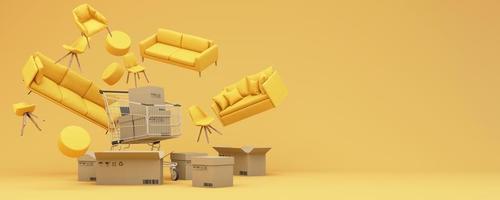 interior design concept Sale of home decorations and furniture During promotions and discounts, it is surrounded by beds, sofas, armchairs and advertising spaces banner. yellow background. 3d render photo