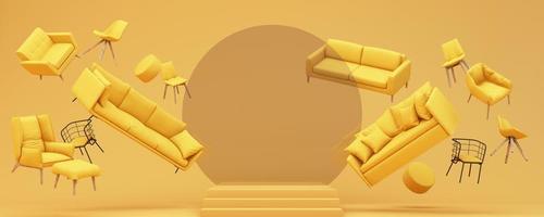 interior design concept Sale of home decorations and furniture During promotions and discounts, it is surrounded by beds, sofas, armchairs and advertising spaces banner. yellow background. 3d render photo