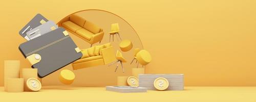 interior design concept Sale of home decorations and furniture During promotions and discounts, it is surrounded by beds, sofas, armchairs and advertising spaces banner. yellow background. 3d render photo