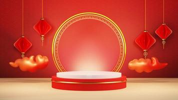 3d illustration of chinese new year with podium and chinese lantern photo