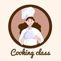 plantilla de diseño para clases de cocina. mujer joven chef sosteniendo un artículo de cocina y mostrando un gesto delicioso. banner con ilustración de vector de niña sonriente.