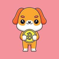 lindo perro sosteniendo bitcoin caricatura mascota garabato arte dibujado a mano esquema concepto vector kawaii icono ilustración