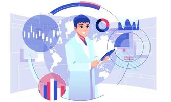 Man scientist controlling futuristic hologram interface vector concept illustration