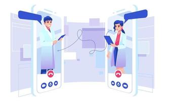 Man and woman scientist having a discussion with video call. Online meeting and work from home concept illustration vector