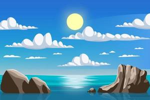 Sea ocean scenery at day light with sun and clouds background vector illustration