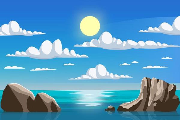 Sea ocean scenery at day light with sun and clouds background vector illustration