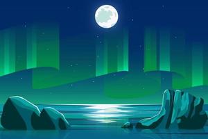 paisaje marino por la noche con ilustración de vector de fondo de aurora verde