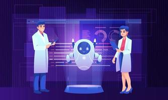 Man and woman scientist with cute robot vector concept illustration