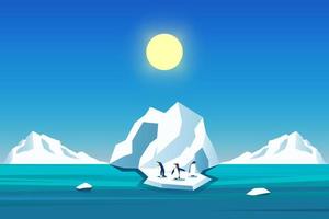 Climate change is real. Penguin on  melting mountain ice and sea level rising at daylight vector illustration