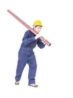 Plumber in uniform holding pvc pipe with clipping path photo