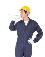 Worker holding blueprint on white photo