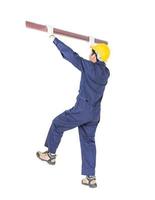 Plumber in uniform holding pvc pipe on white photo