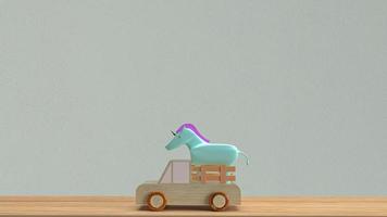 el unicornio en la camioneta de madera para el concepto de negocio 3d renderizado foto