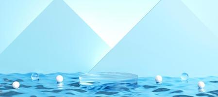 Transparent glass podium with decorative objects. Stand to show products with copy space. Pedestal display in elegant refreshing scene. Banner size. Website cover template. 3D rendering.