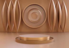 Elegant podium with abstract art objects. Stand to show products. Stage showcase with modern scene. Pedestal display with copy space. 3D rendering. Studio platform template.