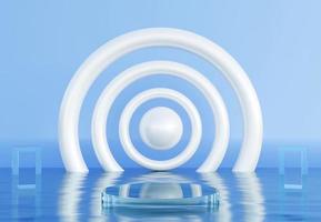 Transparent cylinder podium with decorative objects in blue background. Stand to show products. Stage showcase with copy space. Pedestal display. Banner size. Website cover template. 3D rendering.
