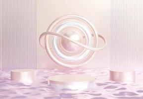 Light pink cylinder podium with decorative objects. Stand to show products. Stage showcase with copy space. Pedestal in futuristic concept. Banner size. Website cover template. 3D rendering.