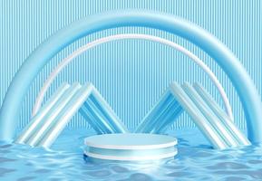 Light blue cylinder podium with decorative objects. Stand to show products. Stage showcase with copy space. Pedestal in futuristic concept. Banner size. Website cover template. 3D rendering.