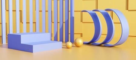 Purple podium with abstract wall. Stand to show products. Banner size. Website cover template. Pedestal display with copy space. 3D rendering. Studio platform template.