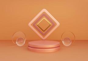 Coral podium with abstract art objects in warm tone color. Stand to show products. Stage showcase with modern scene. Pedestal display with copy space. 3D rendering. Studio platform template.